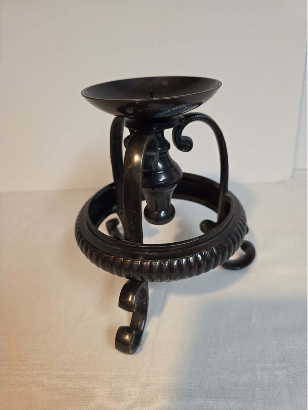 Vintage Solid Brass 3-Footed Stand Candle Holder Pedestal Made In India Ornate